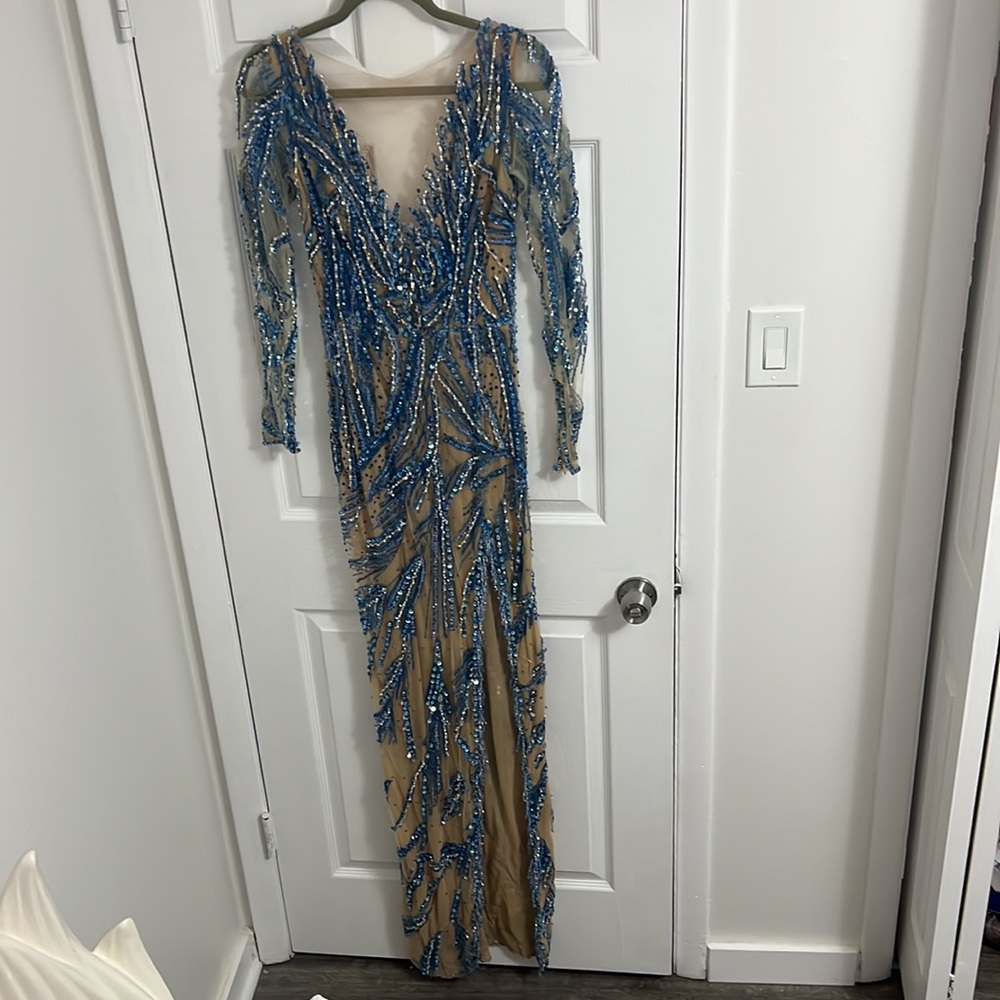 Albina Dyla Customized Blue Beaded Gown Pageant Gala Prom Ball - Picture 5 of 9